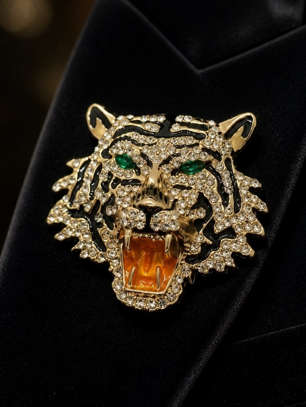 Roaring Tiger Head Brooch Gold Rhinestone Green Eyes Black Enamel Statement Pin